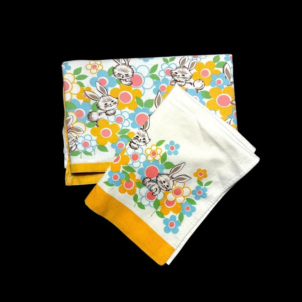 Vintage 70s Bunny Floral Crib Sheet Pillowcase Set Yellow Blue Retro Nursery